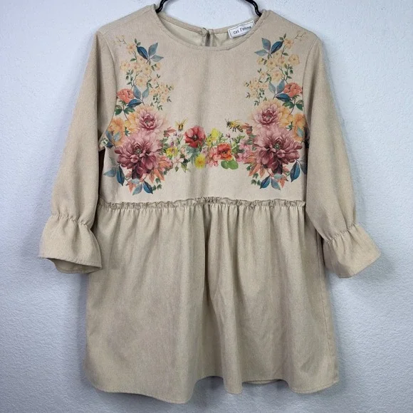 Ces Femme Shirt Womens M Beige Corduroy Floral Babydoll Boho Cottage Whimsical - Picture 1 of 8
